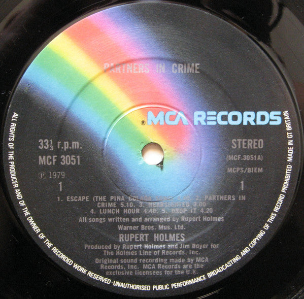 Rupert Holmes – Partners In Crime LP vinyl record, image 5 of 6