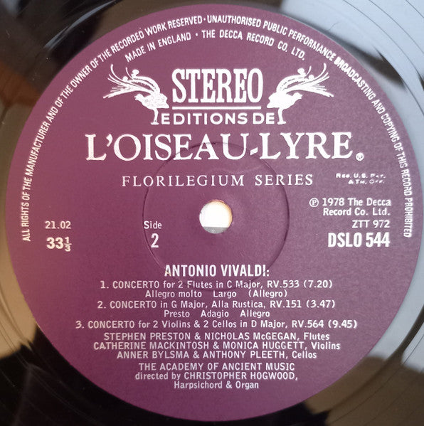 Antonio Vivaldi, Christopher Hogwood, The Academy Of Ancient Music – Concertos: Two Trumpets, Madrigalesco, Two Cellos, Two Flutes, Alla Rustica, Two Violins & Two Cellos LP vinyl record, image 4 of 4
