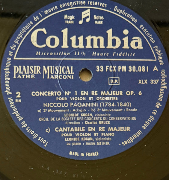 Niccolò Paganini, Leonid Kogan, Orchestre De La Société Des Concerts Du Conservatoire, Charles Bruck – Concerto N°. 1 En Ré Majeur / Cantabile En Ré Majeur LP vinyl record, image 4 of 4