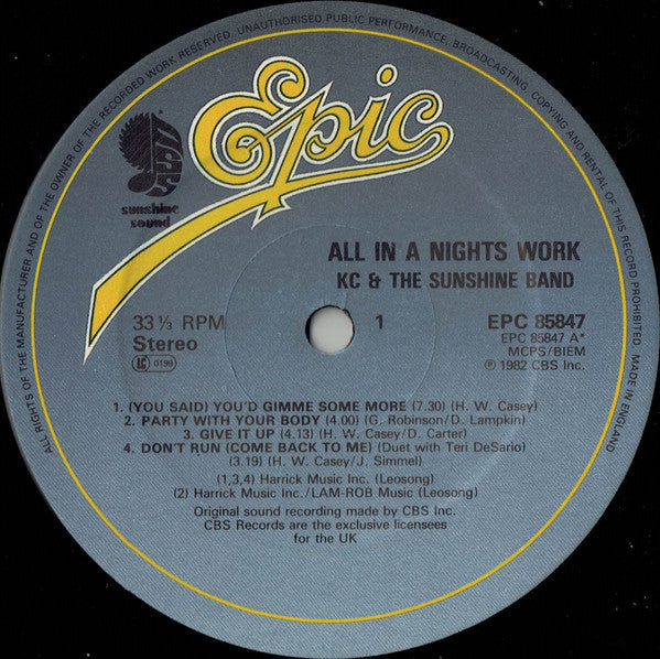 KC & The Sunshine Band – All In A Night's Work LP vinyl record, image 3 of 4