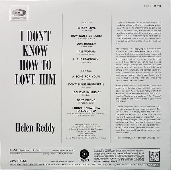 Helen Reddy – I Don't Know How To Love Him LP vinyl record, image 2 of 4