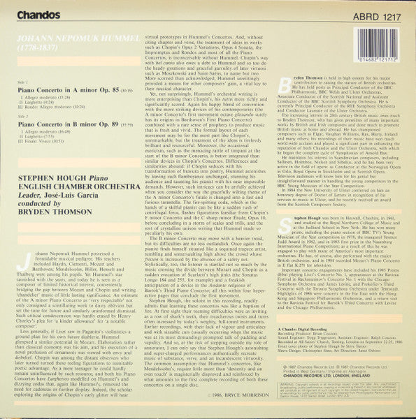 Johann Nepomuk Hummel, Stephen Hough, English Chamber Orchestra, Bryden Thomson – Piano Concerto In B Minor Op. 89 / Piano Concerto In A Minor Op. 85 LP vinyl record, image 2 of 5