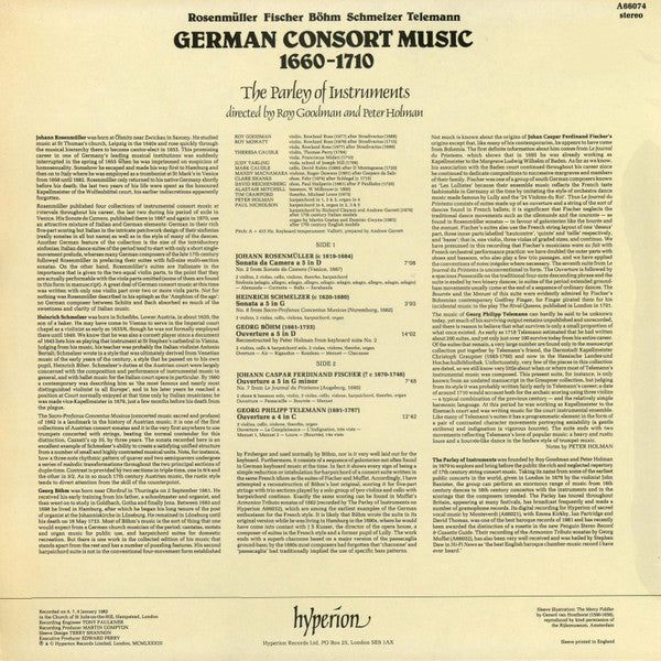 Johann Rosenmüller, Johann Caspar Ferdinand Fischer, Georg Böhm, Johann Heinrich Schmelzer, Georg Philipp Telemann, The Parley Of Instruments, Roy Goodman, Peter Holman – German Consort Music 1660-1710 LP vinyl record, image 2 of 4