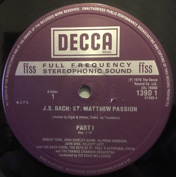 Johann Sebastian Bach, Robert Tear, John Shirley-Quirk, Felicity Lott, Alfreda Hodgson, Neil Jenkins, Stephen Roberts, St. Paul's Cathedral Choir, The Bach Choir, The Thames Chamber Orchestra, David Willcocks – St. Matthew Passion (4xLP) LP vinyl record, image 4 of 10