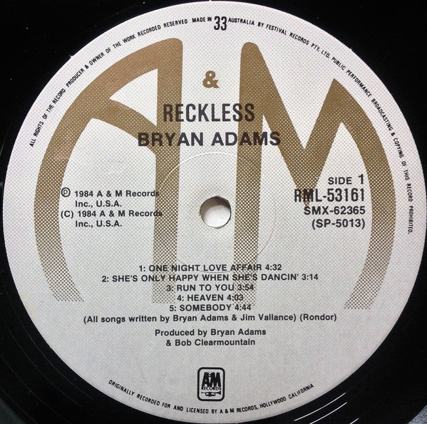 Bryan Adams – Reckless LP vinyl record, image 3 of 6