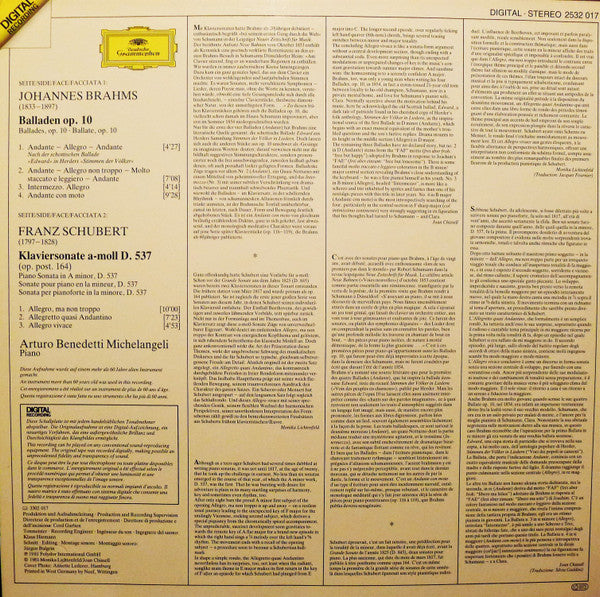 Johannes Brahms, Franz Schubert, Arturo Benedetti Michelangeli – 4 Balladen Op.10 / Klaviersonate • Piano Sonata D.537 LP vinyl record, image 2 of 4