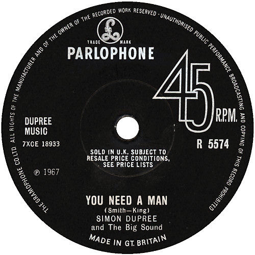 Simon Dupree And The Big Sound – Reservations / You Need A Man 7" vinyl record, image 2 of 2