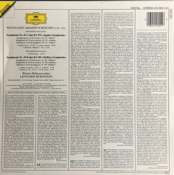 Wolfgang Amadeus Mozart, Wiener Philharmoniker, Leonard Bernstein – Symphonien No.35 "Haffner" / No.41 "Jupiter" LP vinyl record, image 2 of 4