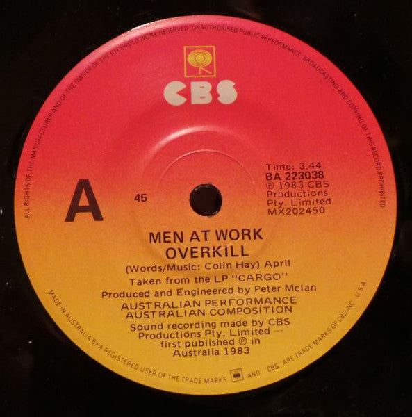 Men At Work – Overkill 7" vinyl record, image 3 of 4