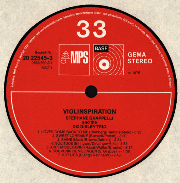 Stéphane Grappelli, Diz Disley Trio – Violinspiration LP vinyl record, image 3 of 5