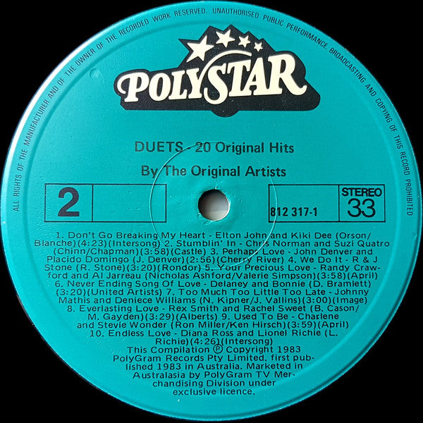 Various – Duets - 20 Original Hits LP vinyl record, image 3 of 3
