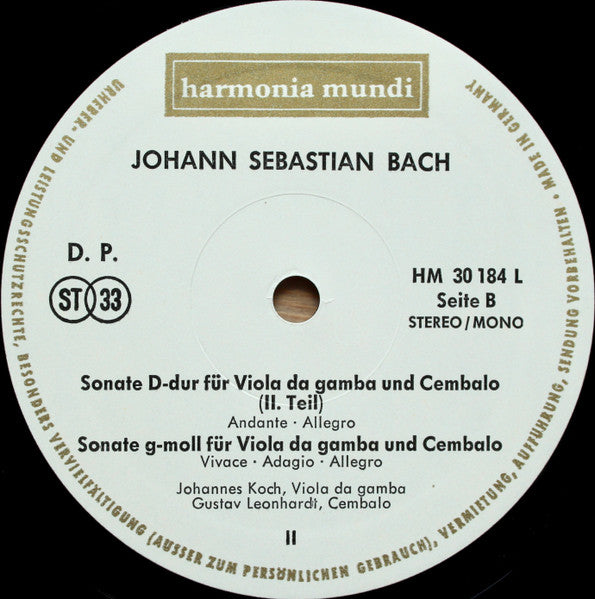 Johann Sebastian Bach, Johannes Koch, Gustav Leonhardt – Drei Sonaten Für Viola Da Gamba Und Cembalo BWV 1027 · 1028 · 1029 LP vinyl record, image 4 of 4