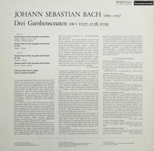 Johann Sebastian Bach, Johannes Koch, Gustav Leonhardt – Drei Sonaten Für Viola Da Gamba Und Cembalo BWV 1027 · 1028 · 1029 LP vinyl record, image 2 of 4