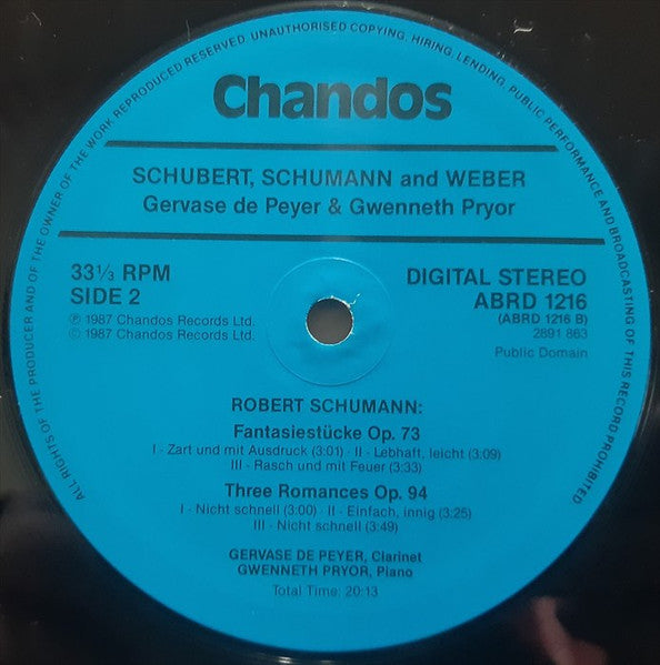 Gervase De Peyer, Gwenneth Pryor, Franz Schubert, Carl Maria Von Weber, Robert Schumann – Arpeggione Sonata / "Silvana" Theme & Variations / Fantasiestücke Op. 73 - Three Romances LP vinyl record, image 4 of 4