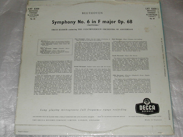 Ludwig van Beethoven, Erich Kleiber, Concertgebouworkest – Symphony No 6 In F Major Opus 68 ('Pastoral') LP vinyl record, image 2 of 4