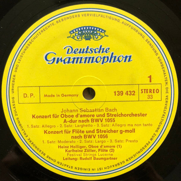 Johann Sebastian Bach, Heinz Holliger, Karlheinz Zöller, Festival Strings Lucerne, Rudolf Baumgartner – Konzert Für Oboe D'Amore Nach BWV 1055 ∙ Flötenkonzert Nach BWV 1056 ∙ Konzert Für 3 Violinen Nach BWV 1064 LP vinyl record, image 3 of 4