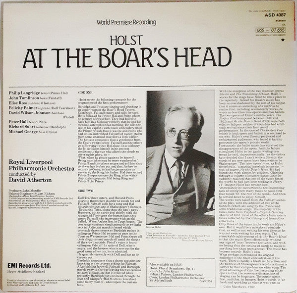 Gustav Holst, Philip Langridge, John Tomlinson, Elise Ross, Felicity Palmer, David Wilson-Johnson, Peter Hall, Richard Suart, Michael George, Royal Liverpool Philharmonic Orchestra, David Atherton – At The Boar's Head LP vinyl record, image 2 of 4