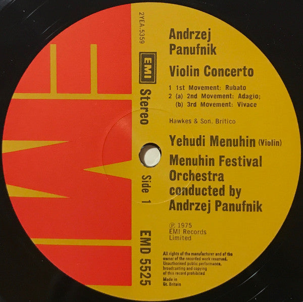 Andrzej Panufnik, Yehudi Menuhin, Menuhin Festival Orchestra, Aurèle Nicolet, Osian Ellis – Concerto For Violin And Strings / Sinfonia Concertante LP vinyl record, image 5 of 6