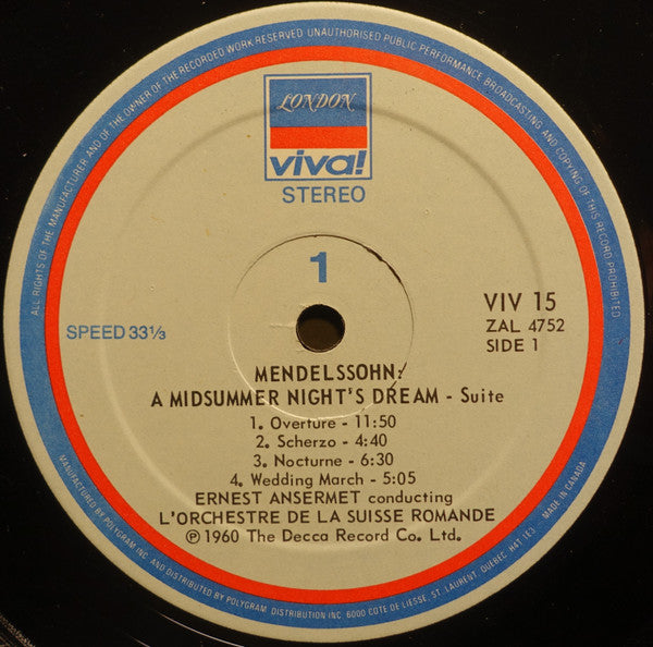 Felix Mendelssohn-Bartholdy, Franz Schubert, Ernest Ansermet, L'Orchestre De La Suisse Romande – A Midsummer Night's Dream / Rosamunde LP vinyl record, image 3 of 4