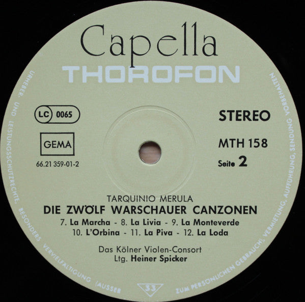 Tarquinio Merula, Kölner Violen-Consort, Heiner Spicker – Die Zwölf Warschauer Canzonen LP vinyl record, image 5 of 5
