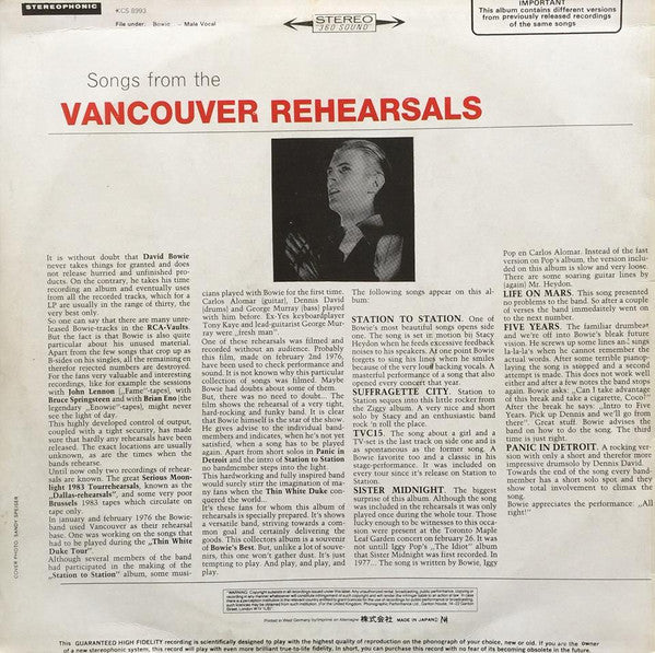 David Bowie – Some Other Kinds Of Songs... (Vancouver Rehearsals) LP vinyl record, image 2 of 6