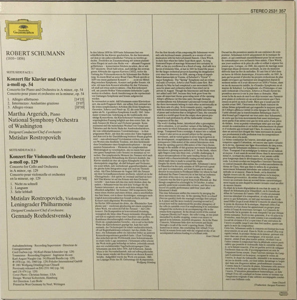 Robert Schumann, Martha Argerich, Mstislav Rostropovich – Klavierkonzert - Cellokonzert LP vinyl record, image 2 of 5