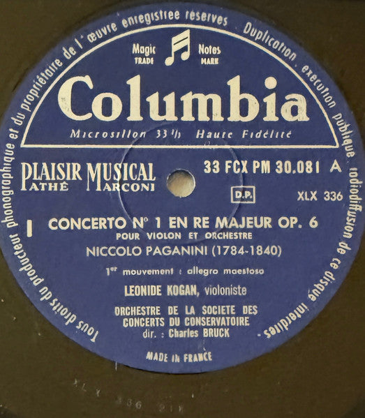 Niccolò Paganini, Leonid Kogan, Orchestre De La Société Des Concerts Du Conservatoire, Charles Bruck – Concerto N°. 1 En Ré Majeur / Cantabile En Ré Majeur LP vinyl record, image 3 of 4