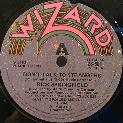 Rick Springfield – Don't Talk To Strangers 7" vinyl record, image 5 of 5