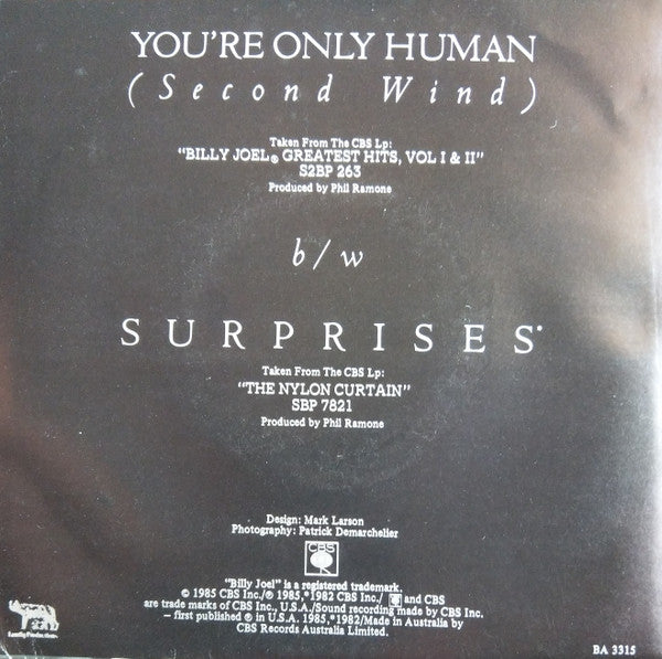 Billy Joel – You're Only Human (Second Wind) 7" vinyl record, image 2 of 4
