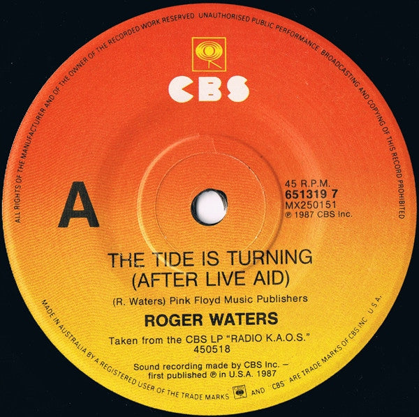 Roger Waters – The Tide Is Turning (After Live Aid) 7" vinyl record, image 1 of 2