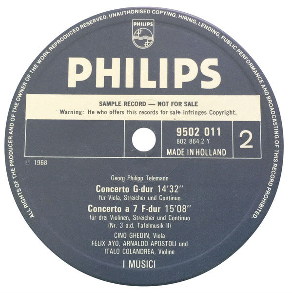 Georg Philipp Telemann, Severino Gazzelloni, Cino Ghedin, Félix Ayo, I Musici – Suite A-Moll = Suite In A Minor / Concerti In G & F LP vinyl record, image 4 of 4