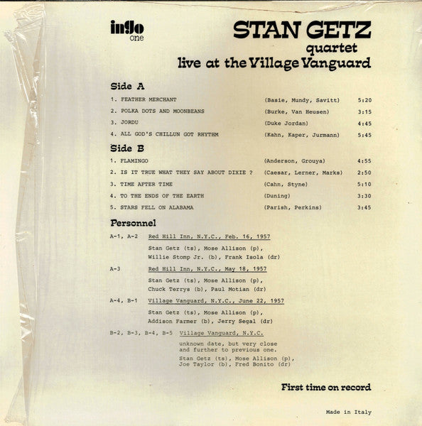 Stan Getz Quartet – Live At The Village Vanguard LP vinyl record, image 2 of 5