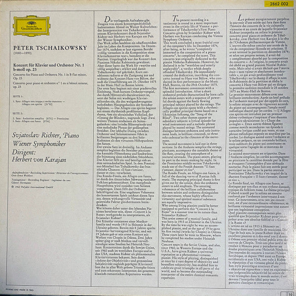 Pyotr Ilyich Tchaikovsky, Sviatoslav Richter, Wiener Symphoniker, Herbert von Karajan – Klavierkonzert Nr. 1 B-moll = Piano Concerto No. 1 In B Flat Minor LP vinyl record, image 2 of 4