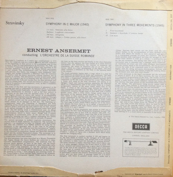 Igor Stravinsky, Ernest Ansermet, L'Orchestre De La Suisse Romande – Symphony In C / Symphony In 3 Movements LP vinyl record, image 2 of 6