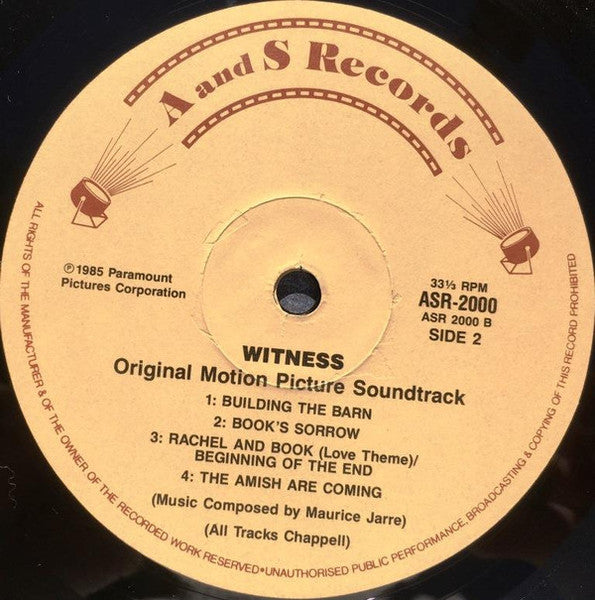 Maurice Jarre – Witness (Original Motion Picture Soundtrack) LP vinyl record, image 4 of 6