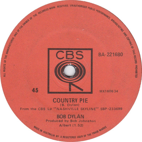 Bob Dylan – Tonight I'll Be Staying Here With You / Country Pie 7" vinyl record, image 2 of 2