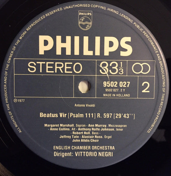 Antonio Vivaldi, Margaret Marshall, Ann Murray, Anne Collins, Anthony Rolfe Johnson, Robert Holl, John Alldis Choir, English Chamber Orchestra, Vittorio Negri – Dixit Dominus • Beatus Vir LP vinyl record, image 4 of 4