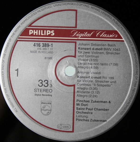 Johann Sebastian Bach, Antonio Vivaldi, Pinchas Zukerman, Midori Goto, The Saint Paul Chamber Orchestra – Double Concertos Violin Concertos LP vinyl record, image 3 of 4