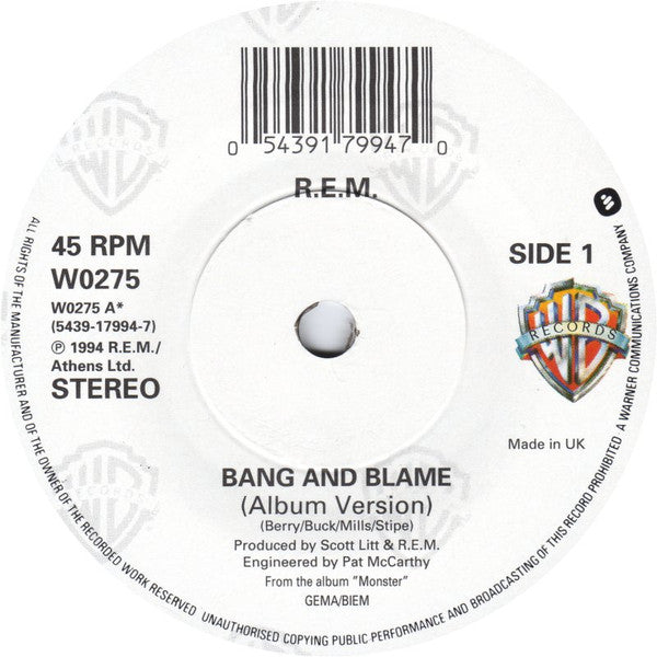 R.E.M. – Bang And Blame 7" vinyl record, image 3 of 4