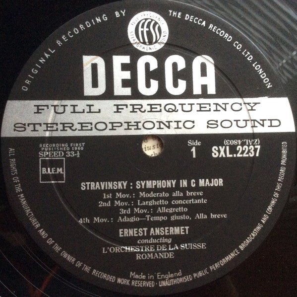 Igor Stravinsky, Ernest Ansermet, L'Orchestre De La Suisse Romande – Symphony In C / Symphony In 3 Movements LP vinyl record, image 3 of 6
