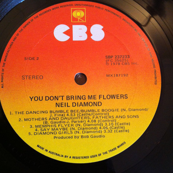 Neil Diamond – You Don't Bring Me Flowers LP vinyl record, image 5 of 5