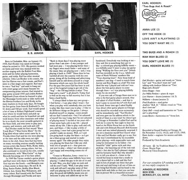 Earl Hooker – 2 Bugs And A Roach LP vinyl record, image 2 of 6