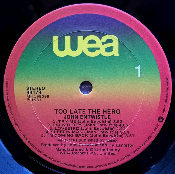 John Entwistle – Too Late The Hero LP vinyl record, image 6 of 7