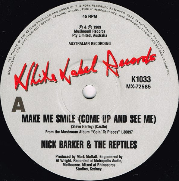 Nick Barker And The Reptiles – Make Me Smile (Come Up And See Me) 7" vinyl record, image 3 of 4