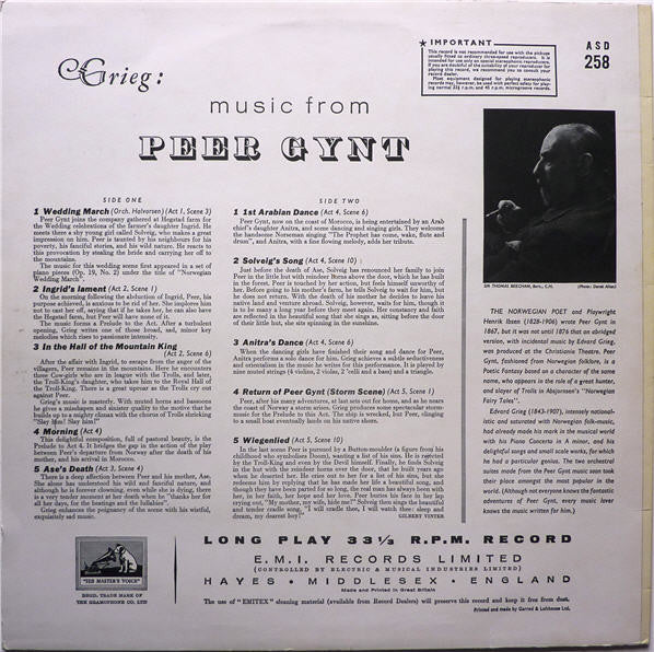 Edvard Grieg, Sir Thomas Beecham, Royal Philharmonic Orchestra, The Beecham Choral Society, Ilse Hollweg – Music For Peer Gynt LP vinyl record, image 2 of 4