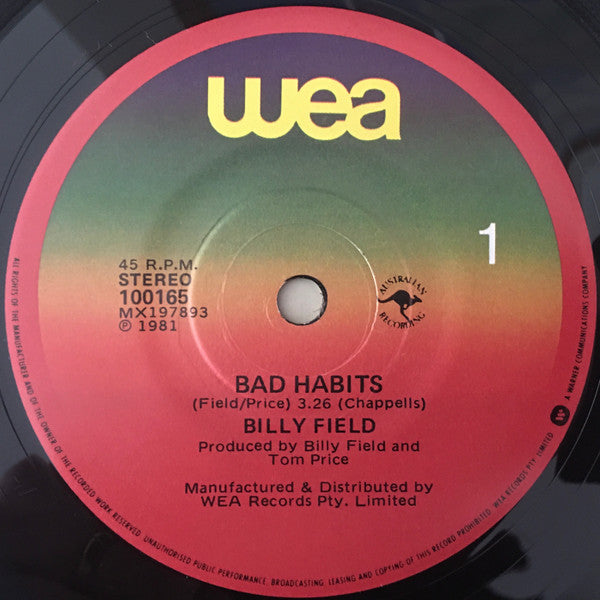 Billy Field – Bad Habits 7" vinyl record, image 3 of 4