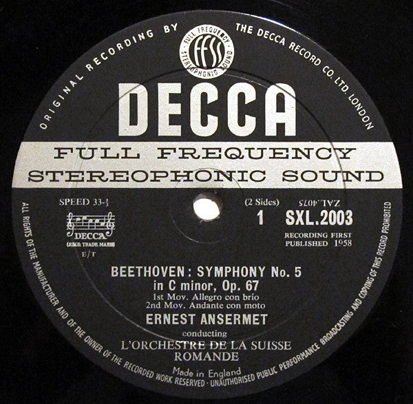 Ludwig van Beethoven, Ernest Ansermet, L'Orchestre De La Suisse Romande – Symphony No. 5 ∙ Egmont Overture LP vinyl record, image 3 of 4