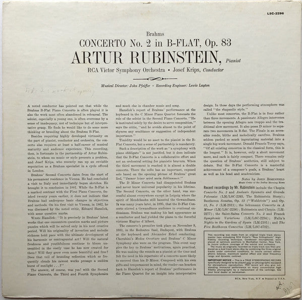 Johannes Brahms, Arthur Rubinstein, Josef Krips, RCA Victor Symphony Orchestra – Concerto No. 2 LP vinyl record, image 2 of 4