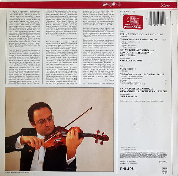 Felix Mendelssohn-Bartholdy, Max Bruch, Salvatore Accardo – Violin Concertos LP vinyl record, image 2 of 4