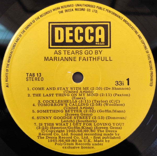 Marianne Faithfull – As Tears Go By LP vinyl record, image 3 of 4